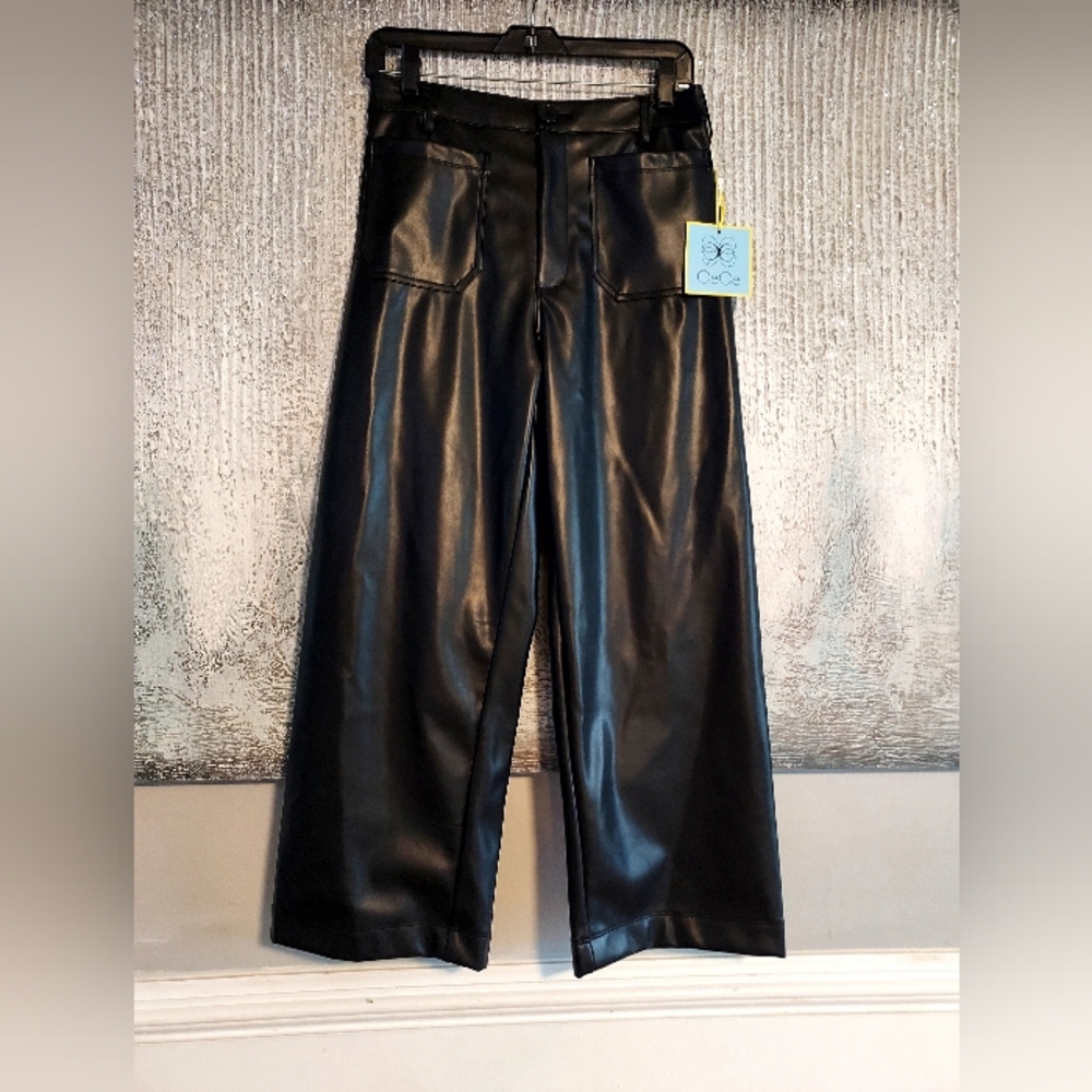 CeCe Black Faux Leather High Waist Cropped Trousers Sz-S